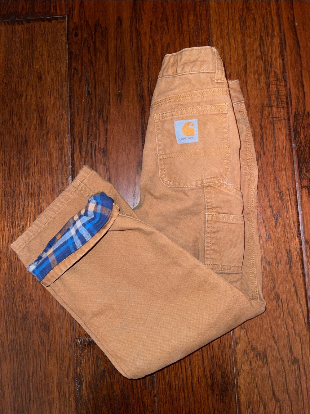 Carhartt Tan Duck Canvas Kids Utility Pants with Blue Plaid Cuff